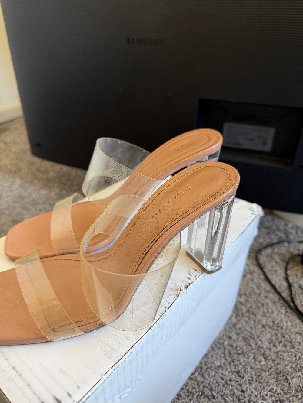 Zara Clear Strap Tan Footbed Block Heel Mules